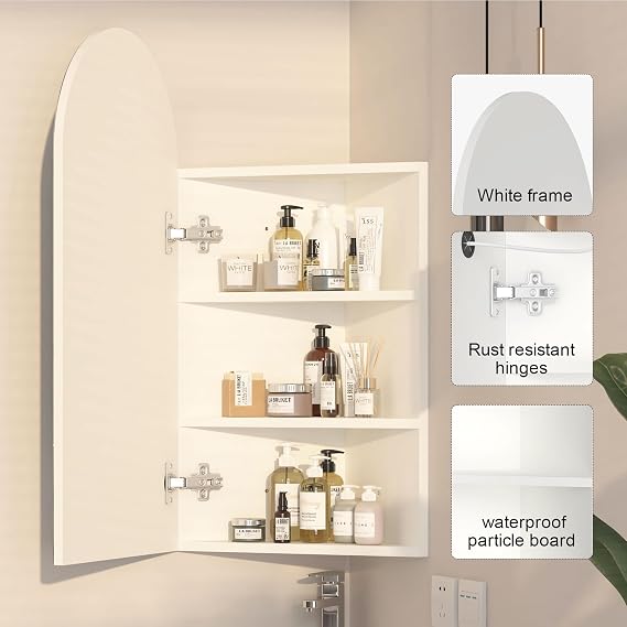 40x80 Corner Mirror Cabinet,Arched Bathroom Cabinets with Mirror | Mirrored Bathroom Cabinets Wall Mount,3 Shelves,Large Space,HD Copper-Free Silver Mirror,White Metal Edge Mirror Wall Cabinet