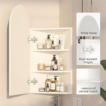 40x80 Corner Mirror Cabinet,Arched Bathroom Cabinets with Mirror | Mirrored Bathroom Cabinets Wall Mount,3 Shelves,Large Space,HD Copper-Free Silver Mirror,White Metal Edge Mirror Wall Cabinet