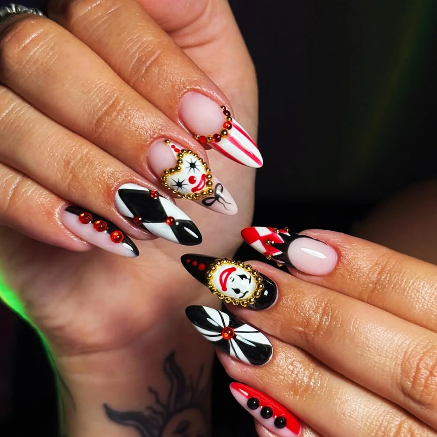 Almond Press on Nails - Red and Black Clown Designs