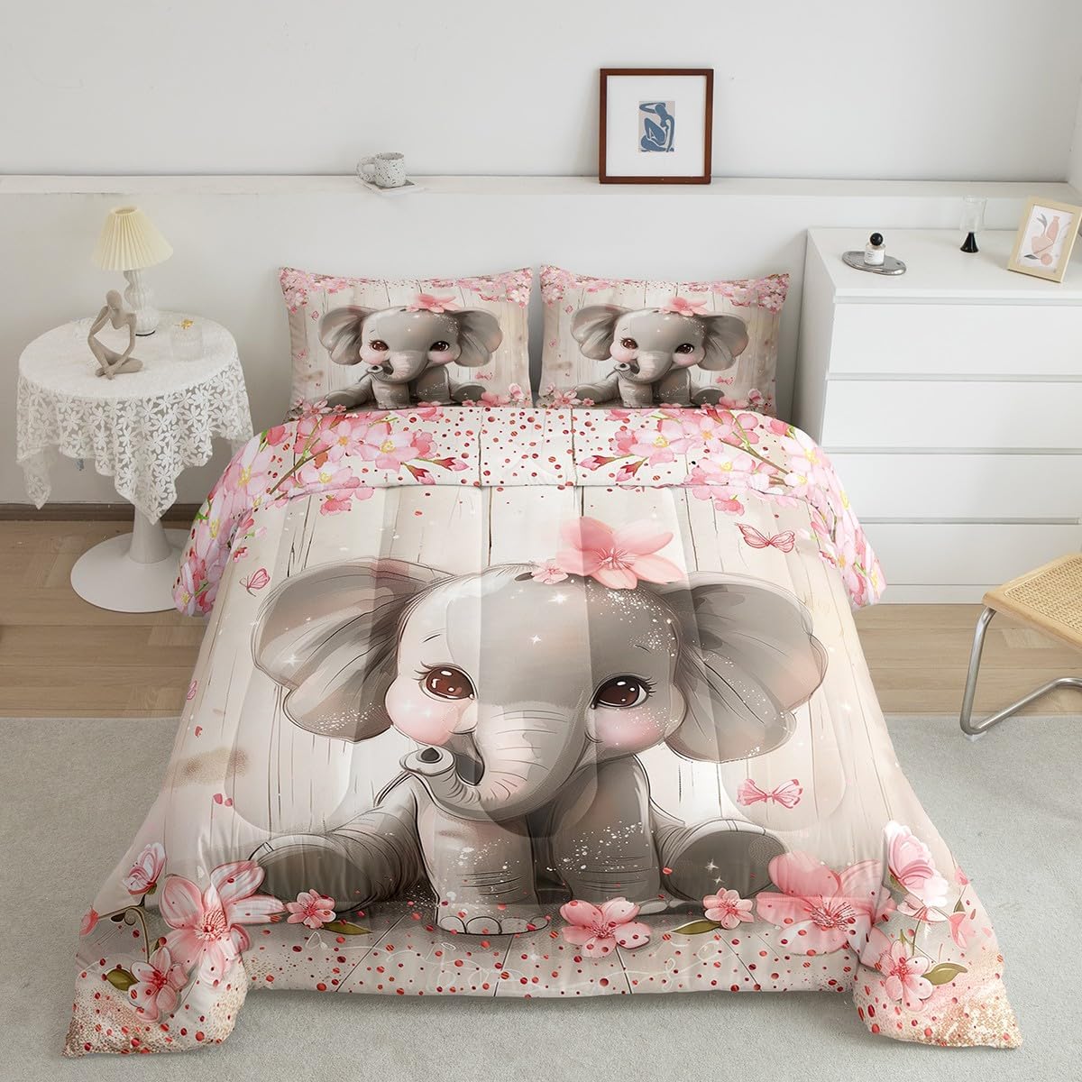 Kawaii Elephant Kids Comforter Set Twin Size 2 Pcs Pink Butterfly Cherry Blossom Dreamy Bedding Set for Girls Teens Adults Watercolor Cartoon Animal Rustic Style Comforter Duvet Set with 1 Pillowcase