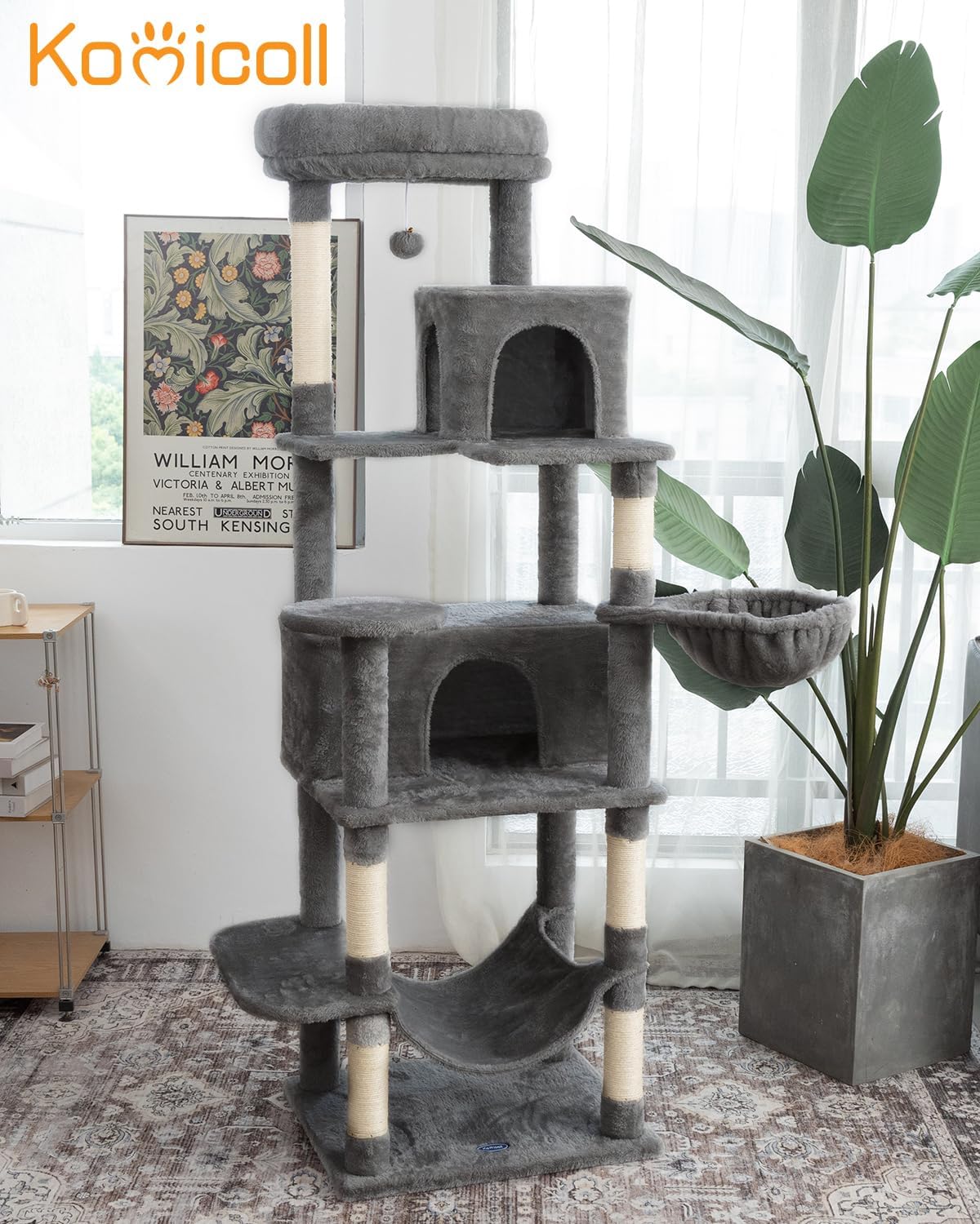 Multi-Level Cat Tree,69 Inches Tall Cat Tower with 2 Plush Condos,Hammock and Plush Perch, Scratching Posts and Pompoms,Gray Cat House for Indoor Cats
