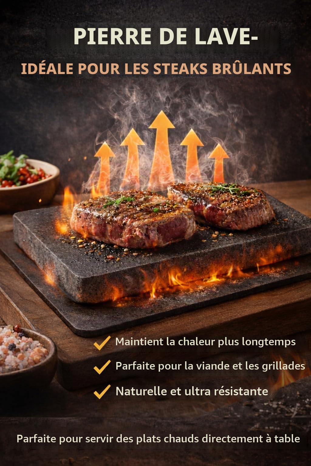 Kalu creations Plaque en pierre de lave rectangulaire pour viande, grill avec plaque naturelle réfractaire pour four électrique et gaz, 25 x 15 cm - noir