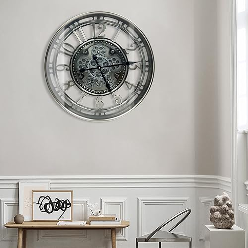 Miniatura 6 de DORBOKER - Reloj de pared con engranajes móviles reales grande, relojes de metal moderno para decoración de sala de estar, relojes industriales