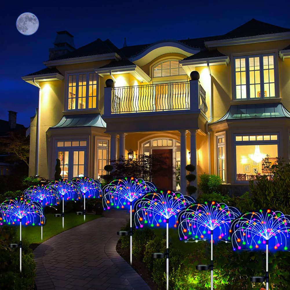 yowin Kerstverlichting op zonne-energie voor buiten, 4 x 120 leds, kerstdecoratie, 8 modi, vuurwerk, waterdichte zonnelampen, paardenbloem, balkon, bloembak, warm wit