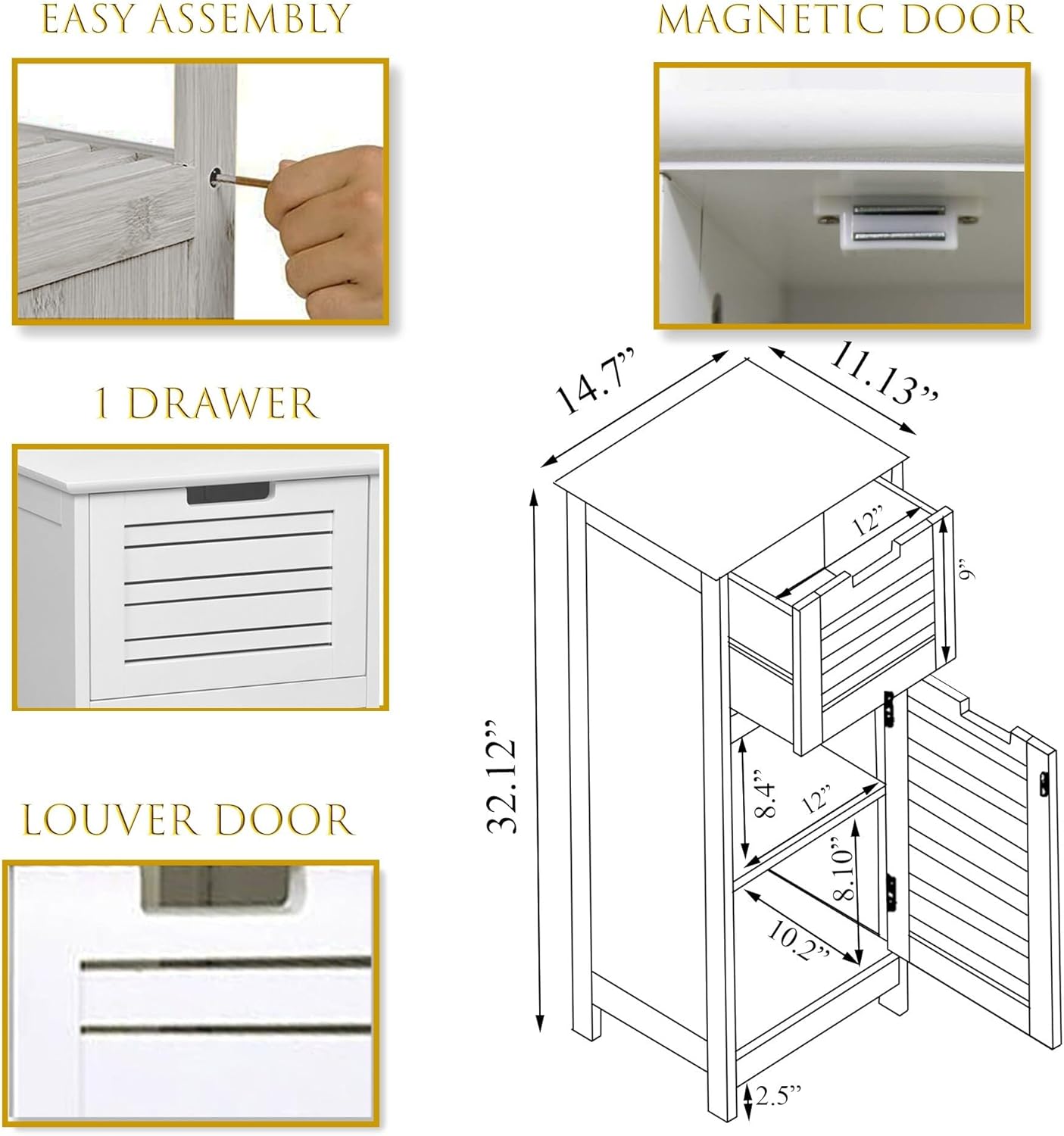 EVIDECO French Home Goods Bathroom Storage Cabinet with Vented Door and Drawer, Compact Freestanding Linen Cabinet for Small Spaces, White Finish - Miami Collection