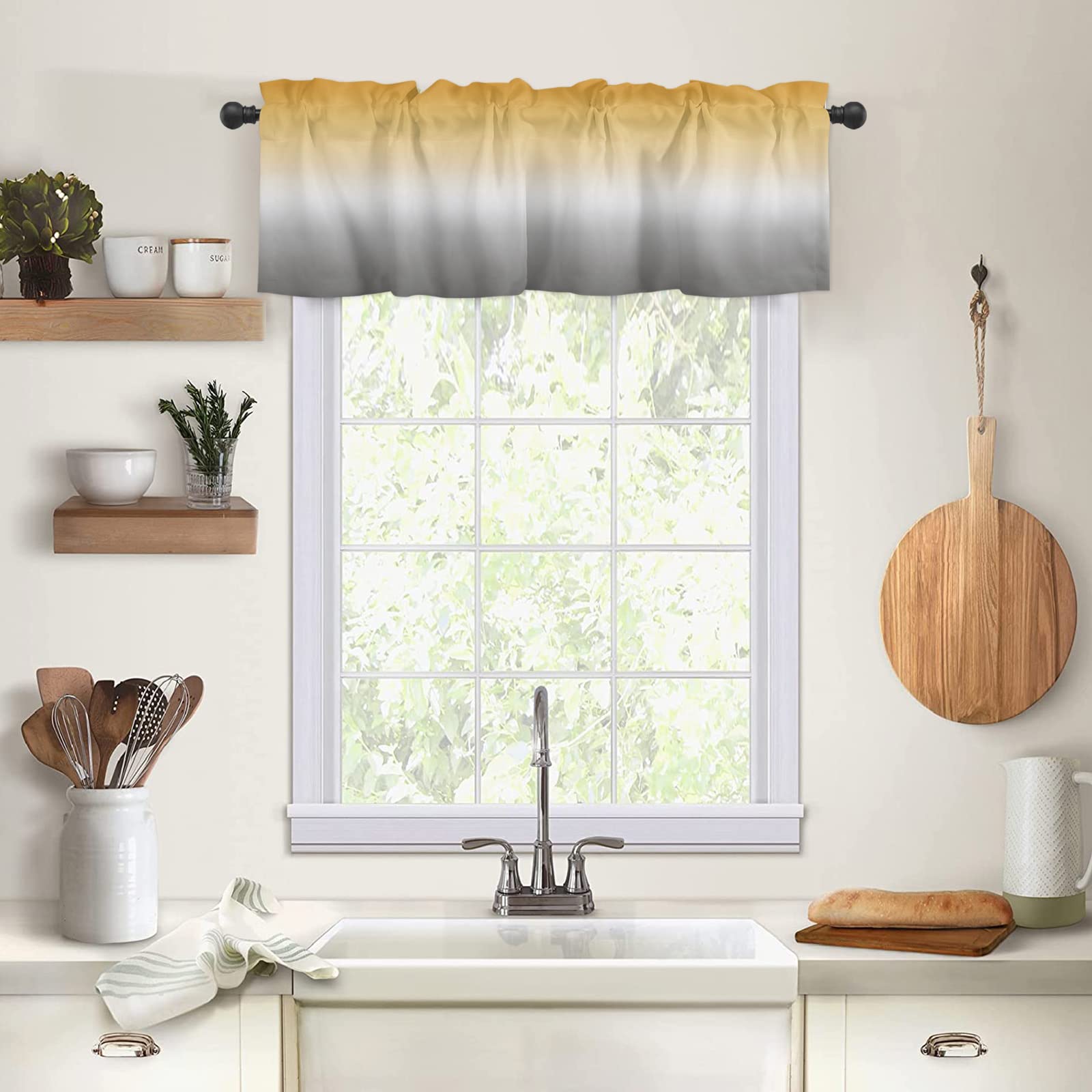 Crystal Emotion Window Curtains Valance Rod Pocket Curtain Drapery for Living Room Kitchen Bathroom, Yellow Gray Ombre, Soft&Washable Small Window Treatment Valances, Simple, 1 Panel, 54x18inch