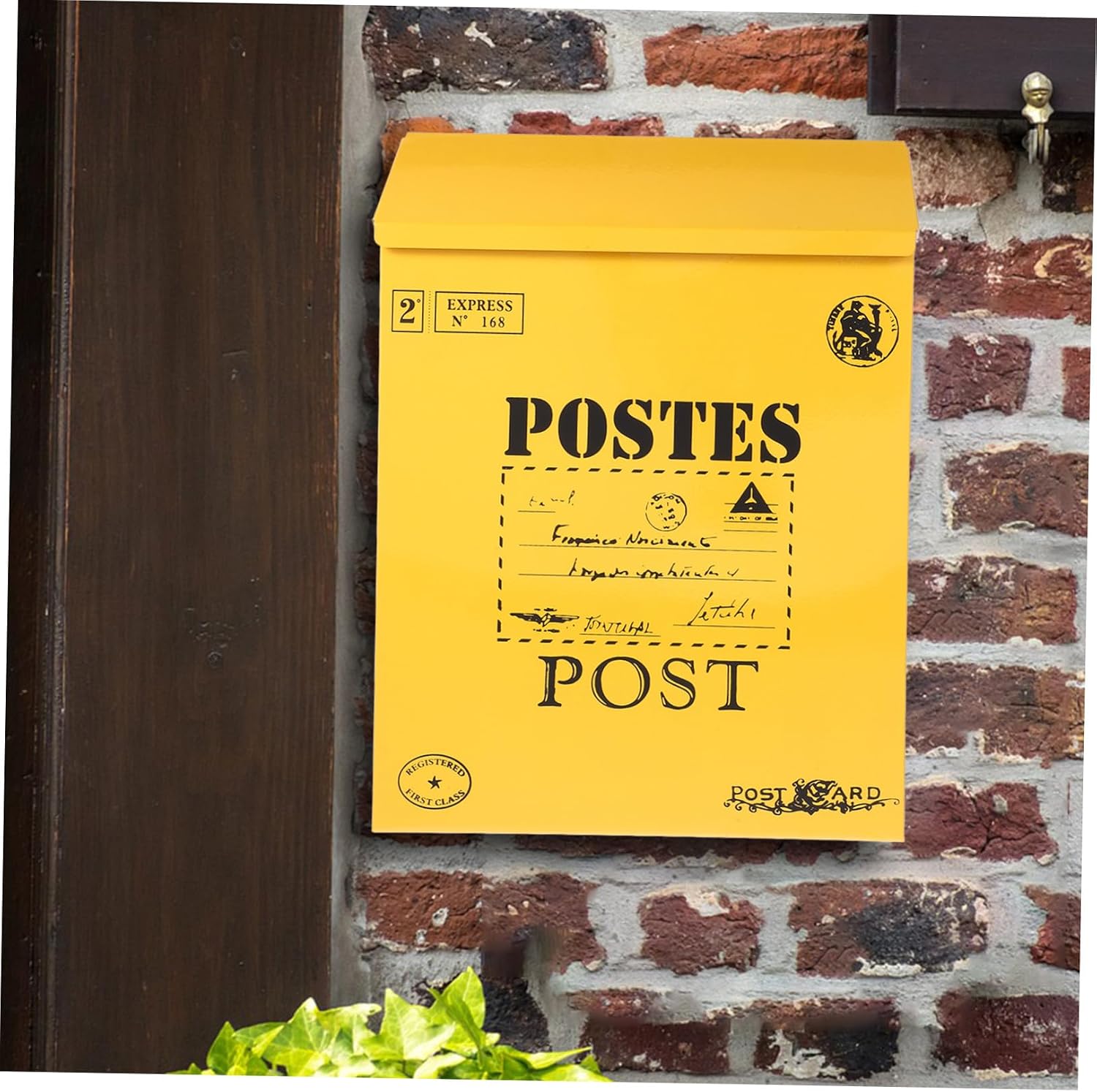 Holibanna Wall Mounted Mailbox with Lock, Yellow Iron Art Outdoor Mailbox for Secure Mail and Document Storage, Garden and Office Wall-Mount Mail Holder with Hanging Design