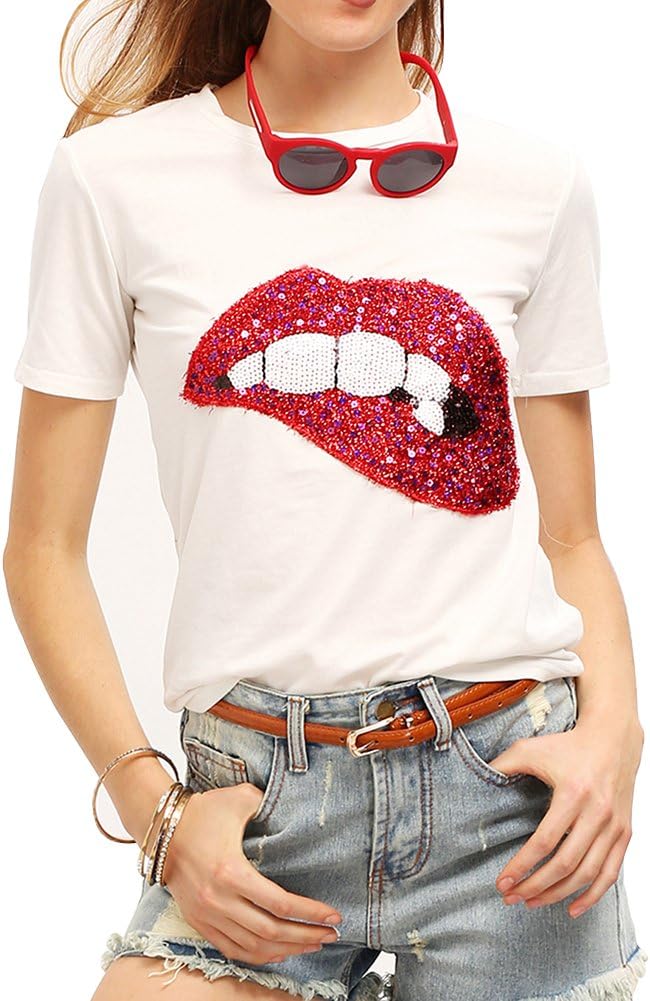 Women's Sequined Sparkely Glittery Lip Print T Shirt Cute Embroidery Teen Girls Tops