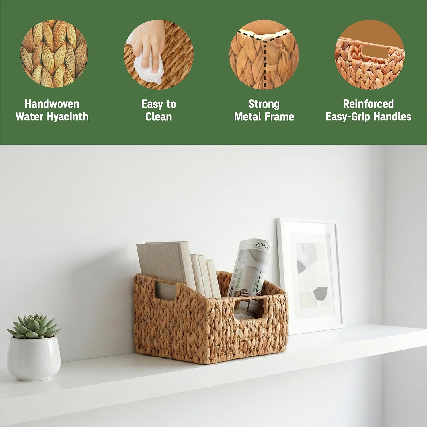 Set of 2 Wicker Pantry Basket – Handwoven Water Hyacinth Wicker Storage Baskets with Handles – Decorative Woven Baskets for Kitchen, Shelves & Organizing image 3