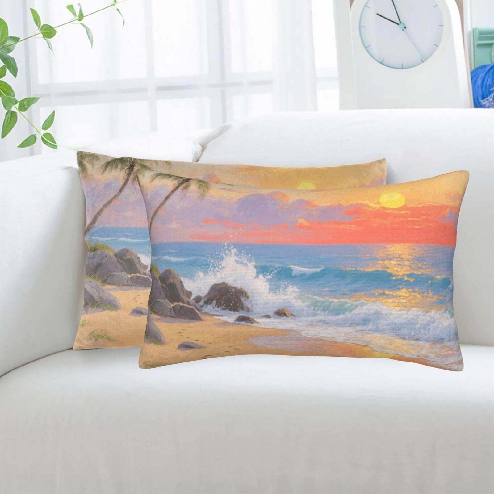 2 Pack Standard Pillowcases Sets, Ultra Soft Comfort Microfiber Plush Pillow Cases Sunset Beach Ocean Decorative Throw Pillow Cover with Hidden Zipper for Bedroom, Sofa, Couch,14"X20"