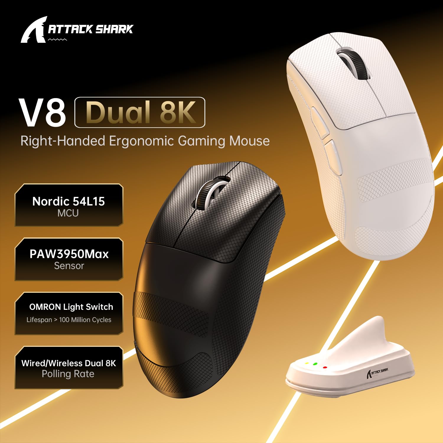 MAMBASNAKE x Attack Shark V8 Wireless Gaming Mouse, 59g Ultra-Lightweight, PAW3950MAX Sensor, Shark 8K Dongle, Tri-Mode (2.4G/Bluetooth/Wired), Right-Hand Ergonomic Design, Web-Based Software - 2