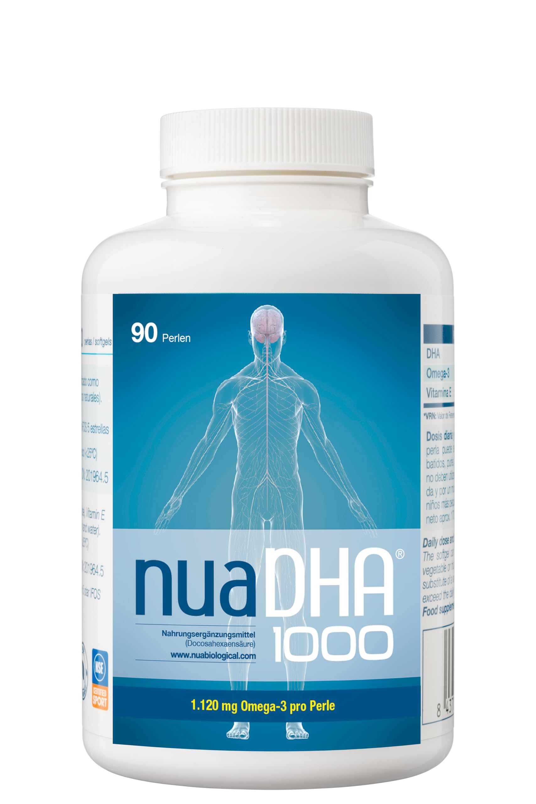 Nua Biological - NuaDHA 1000 in Kapseln, Nahrungsergänzungsmittel auf Basis von DHA (Docosahexaensäure) - Omega-3 aus Blauem Meeresfisch - 90 Kapseln in Triglycerid-Form (1000 mg DHA/Kapsel)