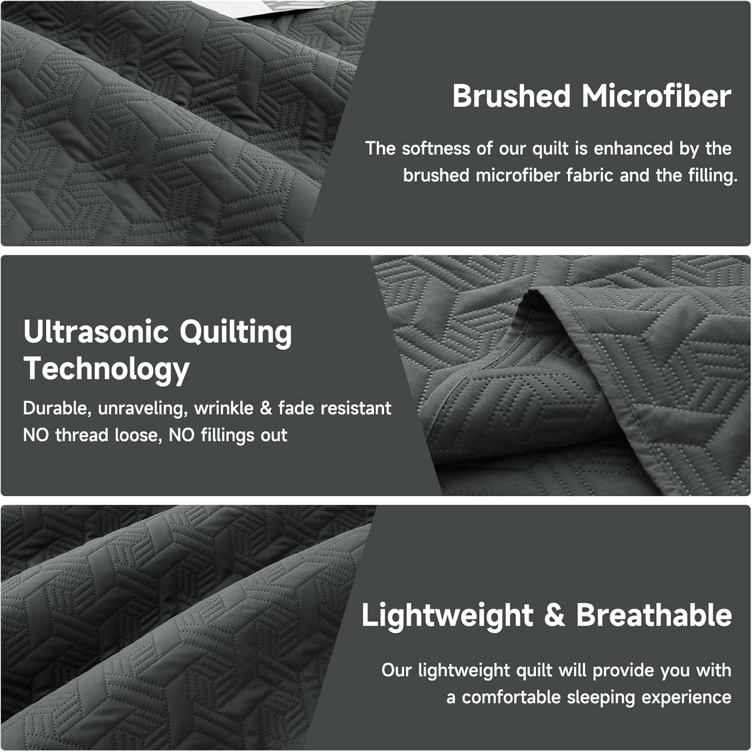 Lavsiry Dark Grey Oversized California Cal King Size Quilt Bedding Set with Pillow Shams, Summer Lightweight Bedspread Coverlet, Soft Quilted Blanket Thin Comforter for All Seasons - Image 6