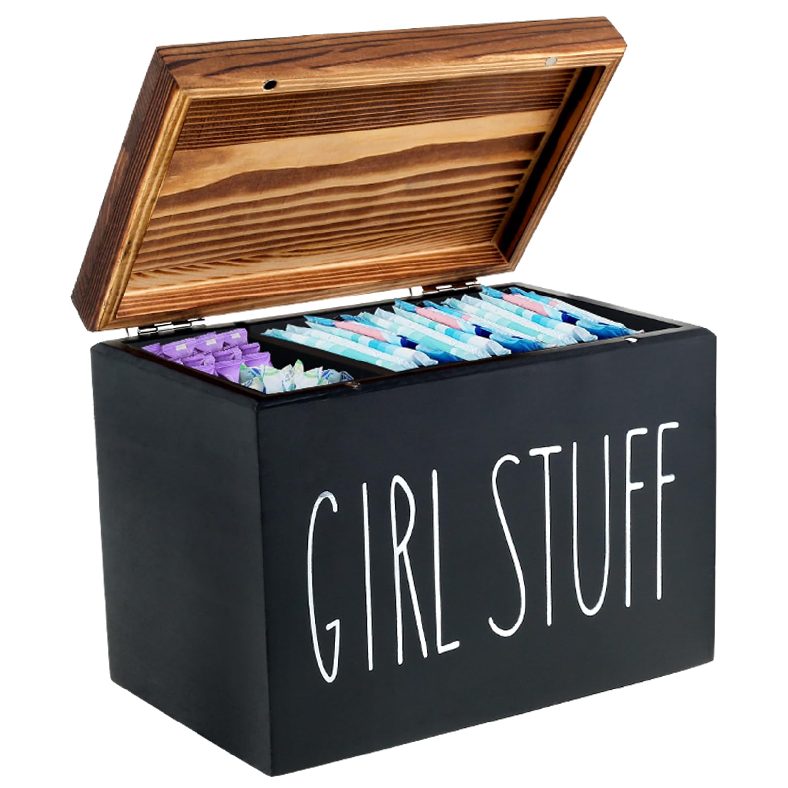 NZWBSHSSP Tampon Holder for Bathroom Wooden Period Box with Lid 2-Compartment Tampon Sanitary Storage Pad Organizer Box Practical Large Capacity Lady Stuff Box Feminine Products Organizer(Black)