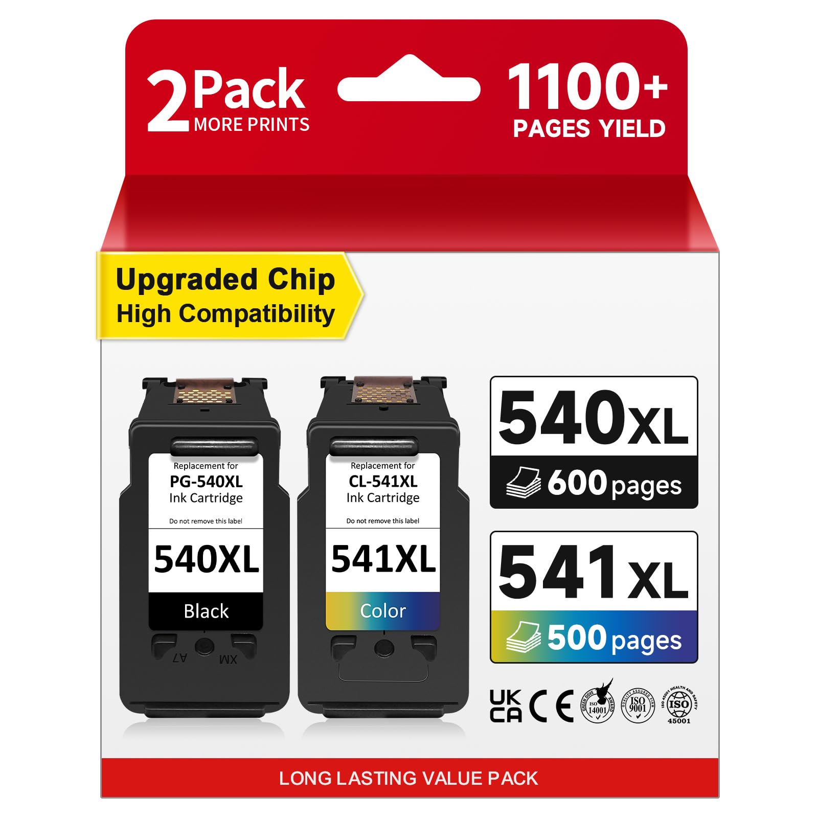 Druckerpatronen 540 541 XL Multipack - drucken bis zu 1100+ Seiten, Kompatibel für Canon 540 541 Original, PG-540/CL-541 XL für Canon Pixma TS5150 TS5151 MX475 MG3600 MG3650 MG3650s MG4200 MG4250