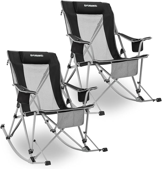 FUNDANGO Camping Rocking Chairs Set of 2 Oversized Camp Chairs Folding Lightweight with Armrest Cup holder Pocket Carry bag for Outdoor Picnic Patio Portable Rocker Garden Chair
