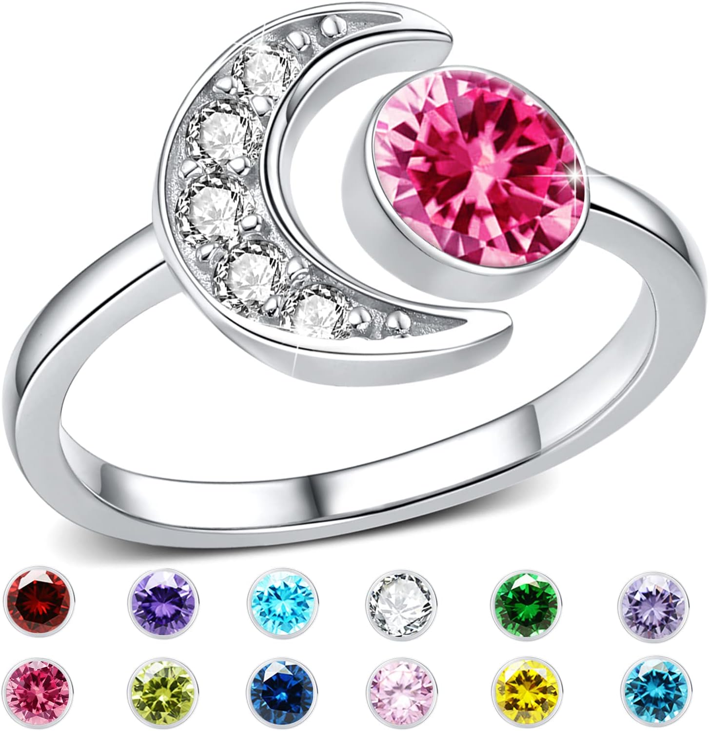 CUOKA MIRACLE Birthstone Rings for Women 925 Sterling Silver Moon Rings Birthday Stone Rings Adjustable Open Ring Anniversary Birthday Jewelry Gift for Wife Mom Daughter