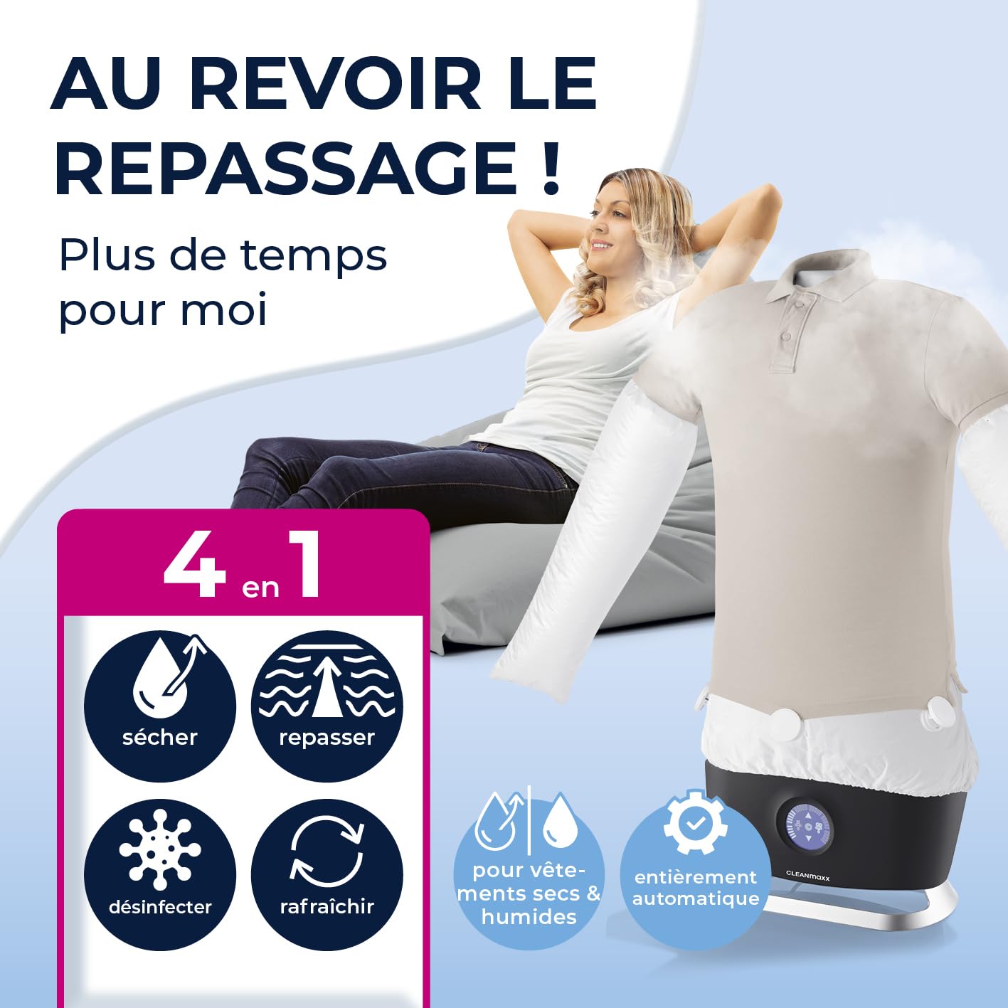 CLEANmaxx PRO STEAM presse à repasser automatique pour chemises avec fonction vapeur, écran tactile, Noir