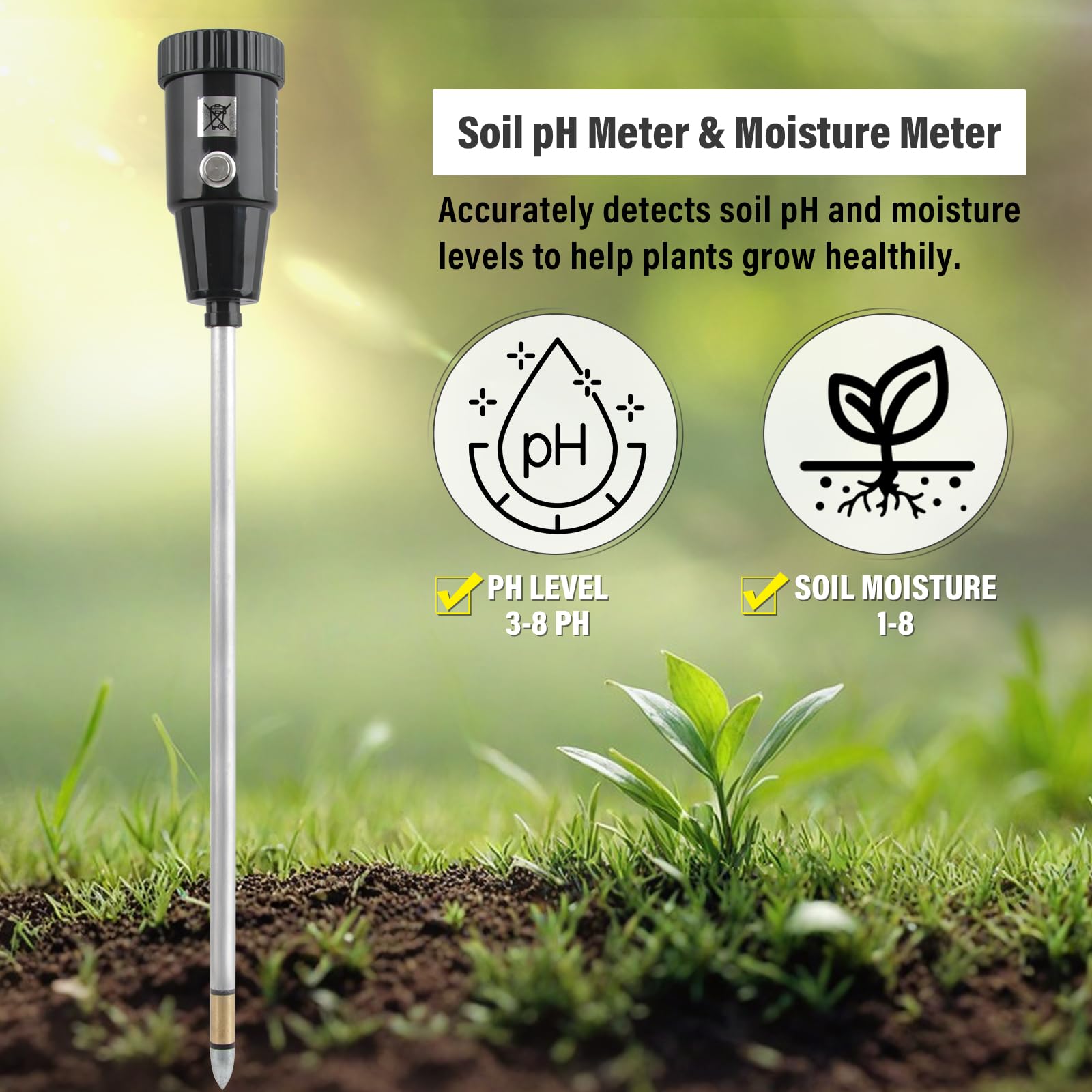 Medidor de pH y Humedad del Suelo, electrodo de 300 mm de Largo, comprobador de Suelo para jardín, césped, Granja, Uso Interior y Exterior, no Necesita Pilas.