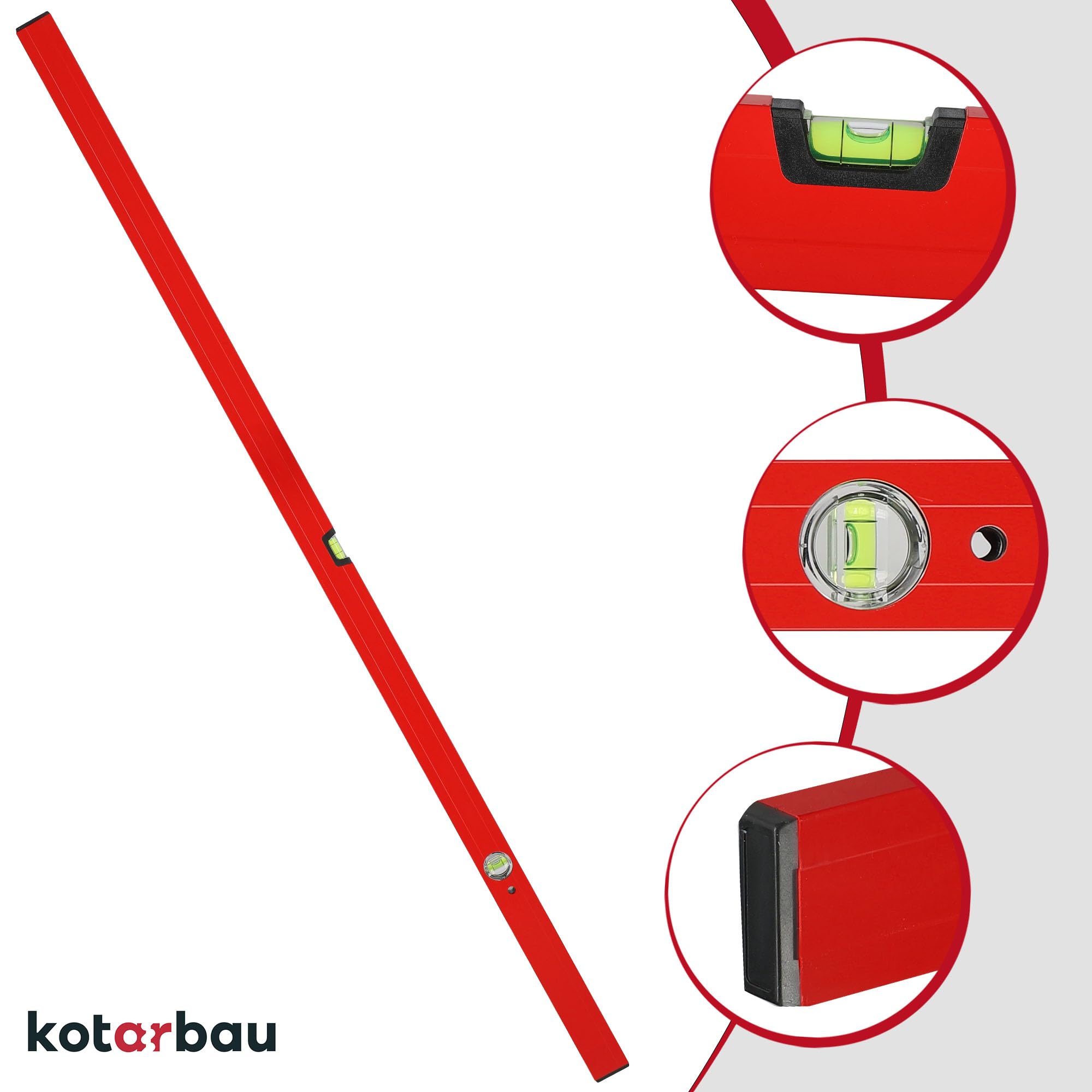 KOTARBAU® Nivel de Burbuja, 150 cm, Aluiminio, Color Rojo, 2 fiolas para mediciones en Horizontal y Vertical, Herramienta de Nivelación