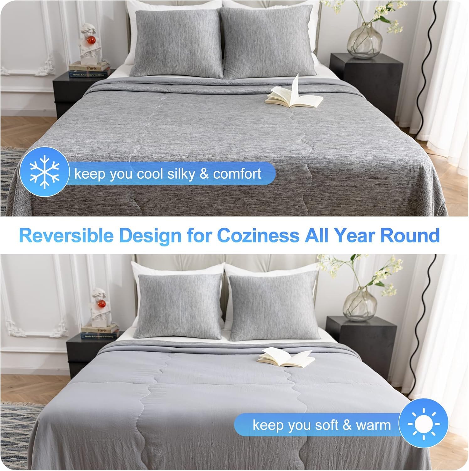 Manta Refrescante, Colcha Refrigerante de Verano Q-MAX >0,45 para Sudores Nocturnos | Manta Ligera, Suave y Ultra Transpirable para un Descanso Fresco, Gris, 228x228 CM