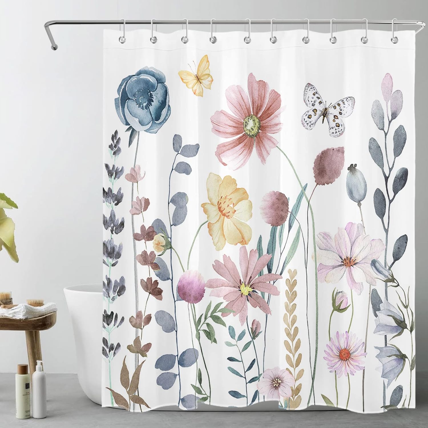 HVEST Black and White Mushroom Shower Curtain with Bathroom Rugs, Boho Moon Butterfly Botanical Plant Aesthetics Shower Curtain with Bath Mat for Bathroom Decor, 72W X 72H Inches