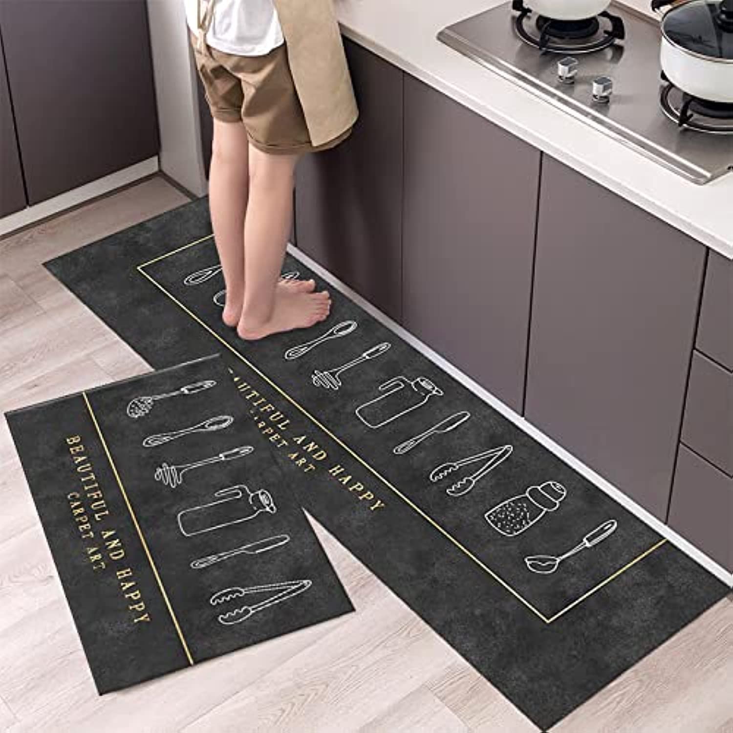2 PCS Set Large Kitchen Mats With Crystal Velvet Material Absorbant Thick Non-Slip Washable Area Rugs For Kitchen Floor Indoor Outdoor Entry Carpet With Beautiful Design (50×80CM And 50×160CM)