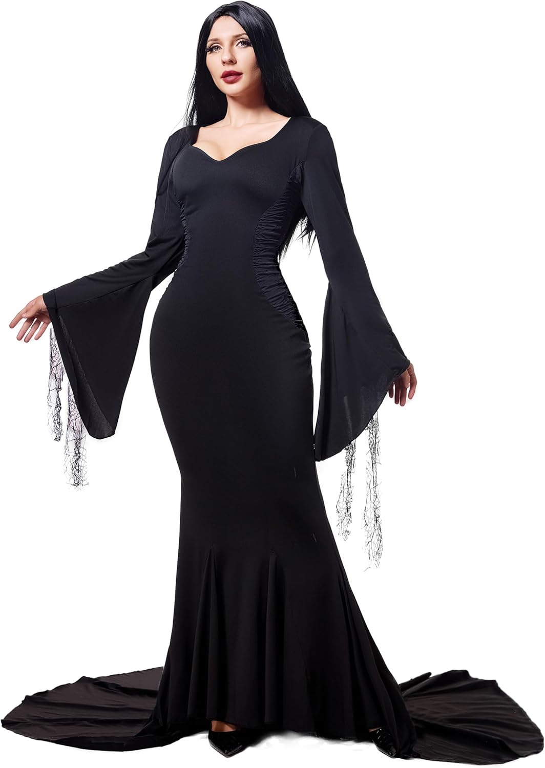 Funna Black Costume Women Dress Halloween Family Cosplay Gothic Witch Maxi Long Dresses Floor Length Black Adult 2XL(20-22)