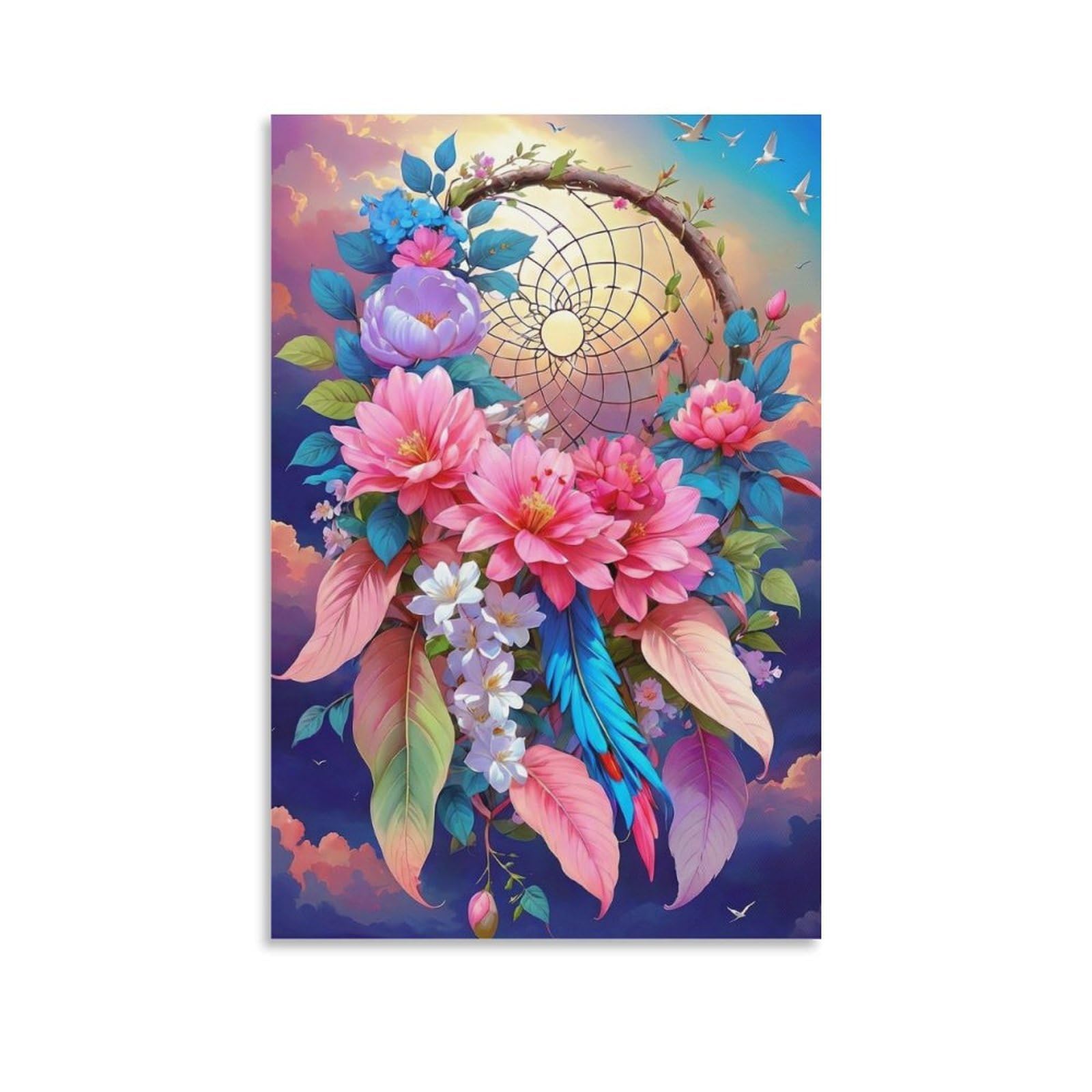 DHBANEIOK Dreamcatcher Floral Art Poster Artwork Canvas Prints Picture Modern Wall Art Picture Wall Hanging for Home Decorations 12x18inch(30x45cm)