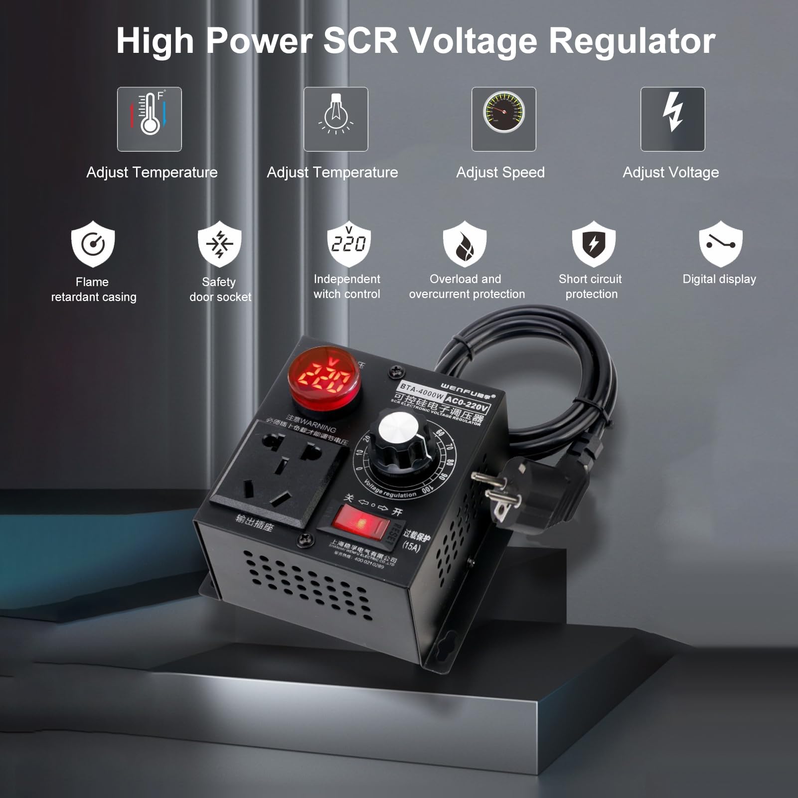 Variateur régulateur de tension 220V 9A 4000W pour ventilateur de moteur AC (EU Plug)