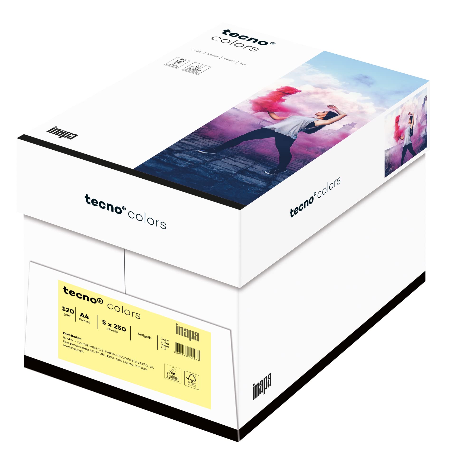 inapa farbiges Druckerpapier, buntes Papier tecno Colors: 120 g/m², A4, 1.250 Blatt (5x250), hellgelb
