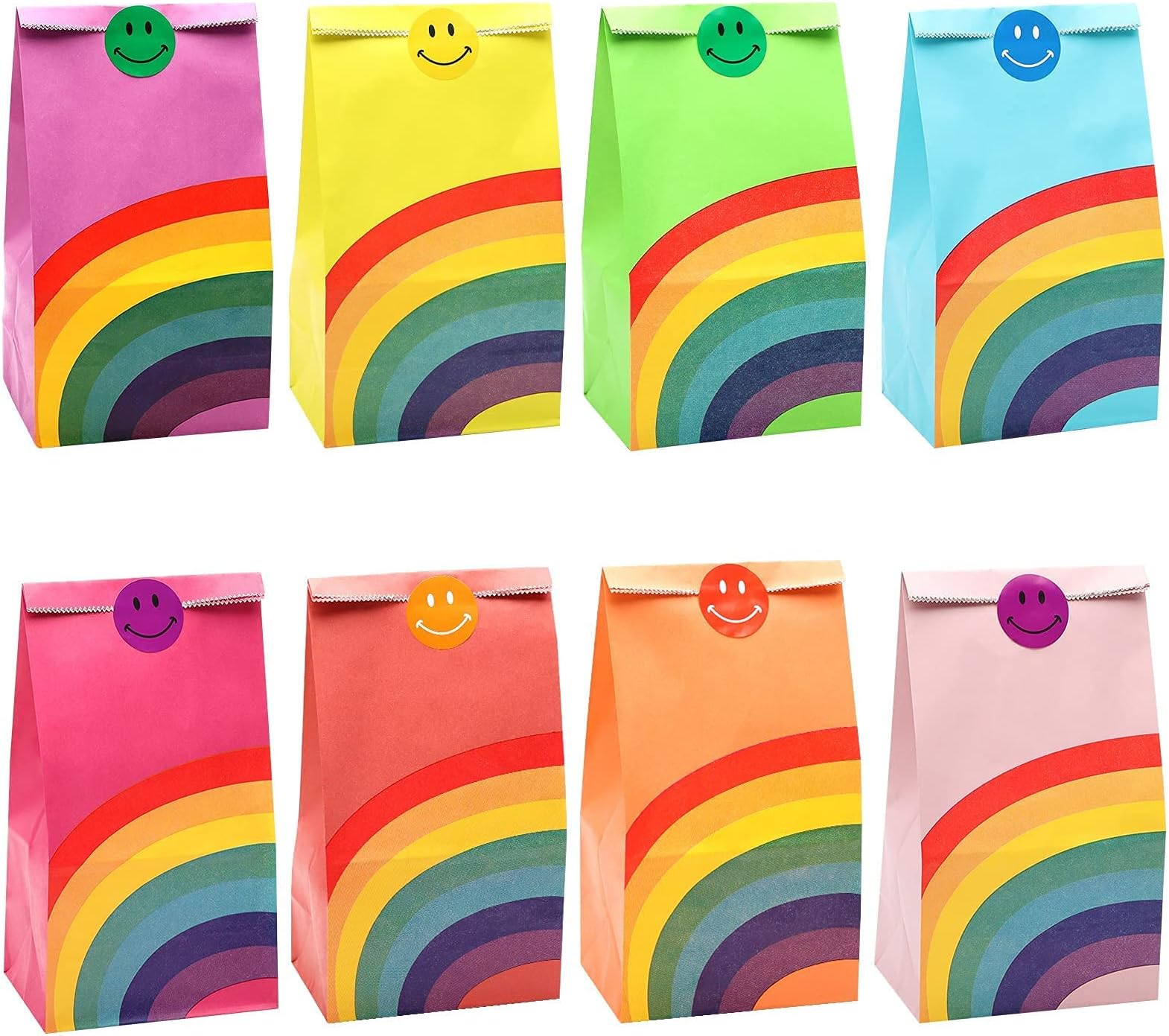 48 pcs Rainbow Party Gift Bags, Children Favor Treat Paper Bags with Smile Face Stickers, School Lunch Bags for Candy Goodies Cookies, for Christmas Halloween Kids Birthday Baby Shower