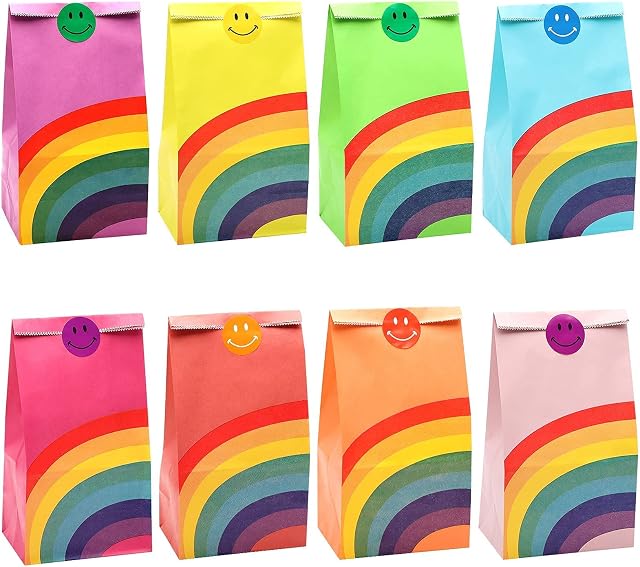 Koogel 48 pcs Rainbow Party Gift Bags, Children Favor Treat Paper Bags with Smile Face Stickers, School Lunch Bags for Candy Goodies Cookies, for Christmas Halloween Kids Birthday Baby Shower