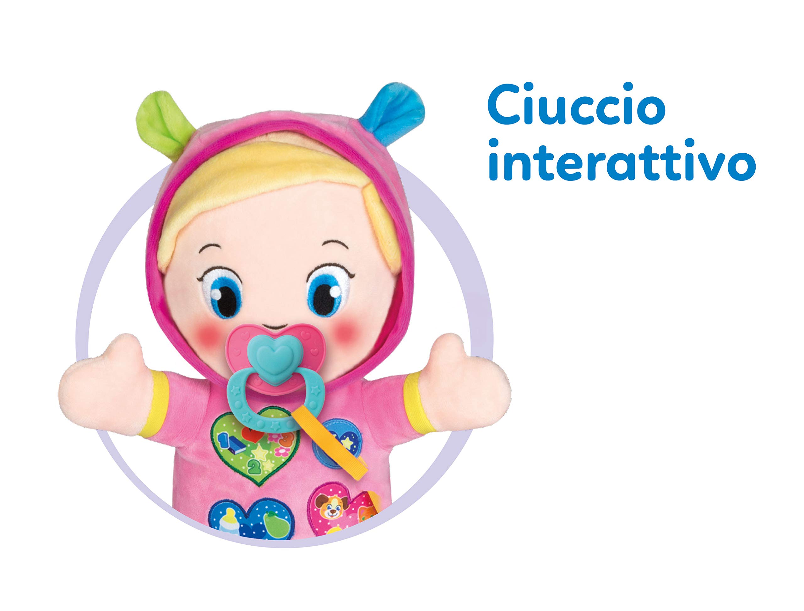 Clementoni Baby Alice, la Mia Prima Bambola, Peluche Bambini 10+ Mesi, Centro Attività con Ciuccio e 3 Tasti per Imparare Forme, Numeri, Colori, Parole e Versi degli Animali, Lingua Italiana, 17201