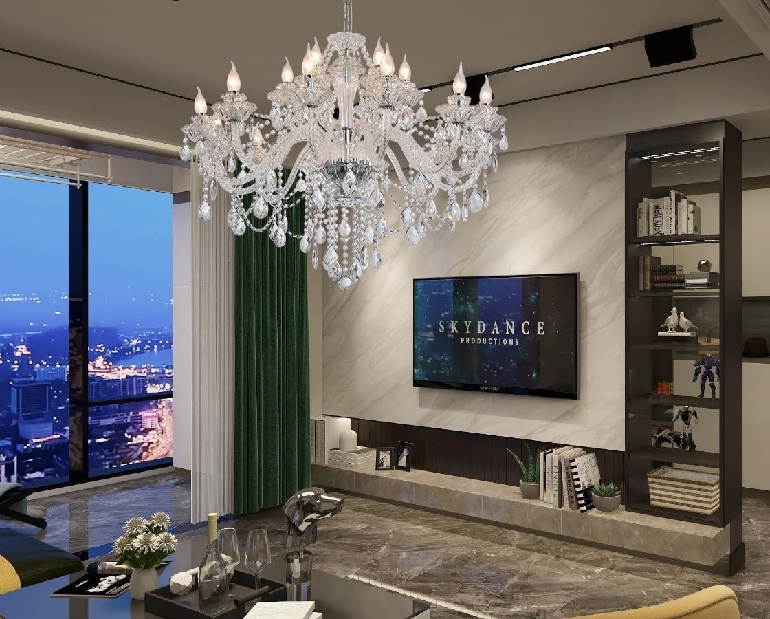 Clear Crystal Chandelier, K9 Crystal 18 Lights, E12 Bulbs, Modern Ceiling Lamp for Living Room, Bedroom, Dining Room, UL-Listed, Easy to Install (18-Light)