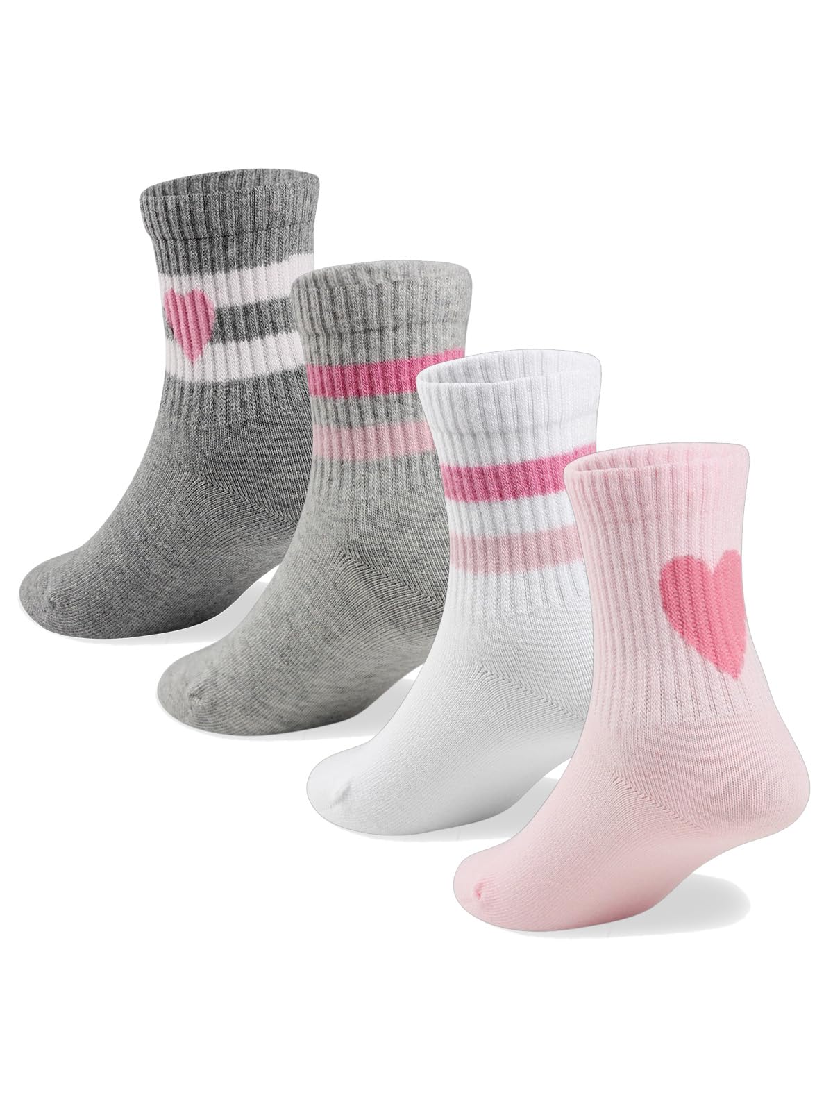 COTTON DAY Kids Girls Pink White Crew Athletic Socks with Retro Stripes Hearts