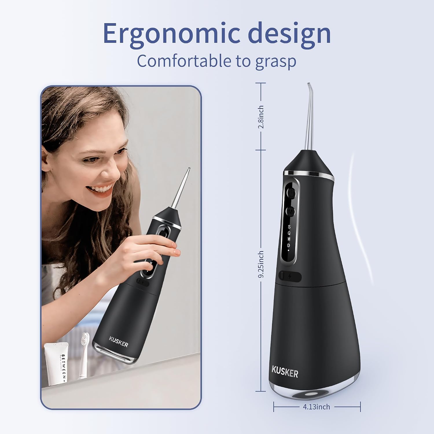 Water Dental Flosser Cordless, KUSKER 500ML Portable Oral Irrigator for Teeth, 5 Modes and 4 Jet Tips, IPX7 Waterproof, Rechargeable for 30-Days Use, Home, Travel, Braces(Black)