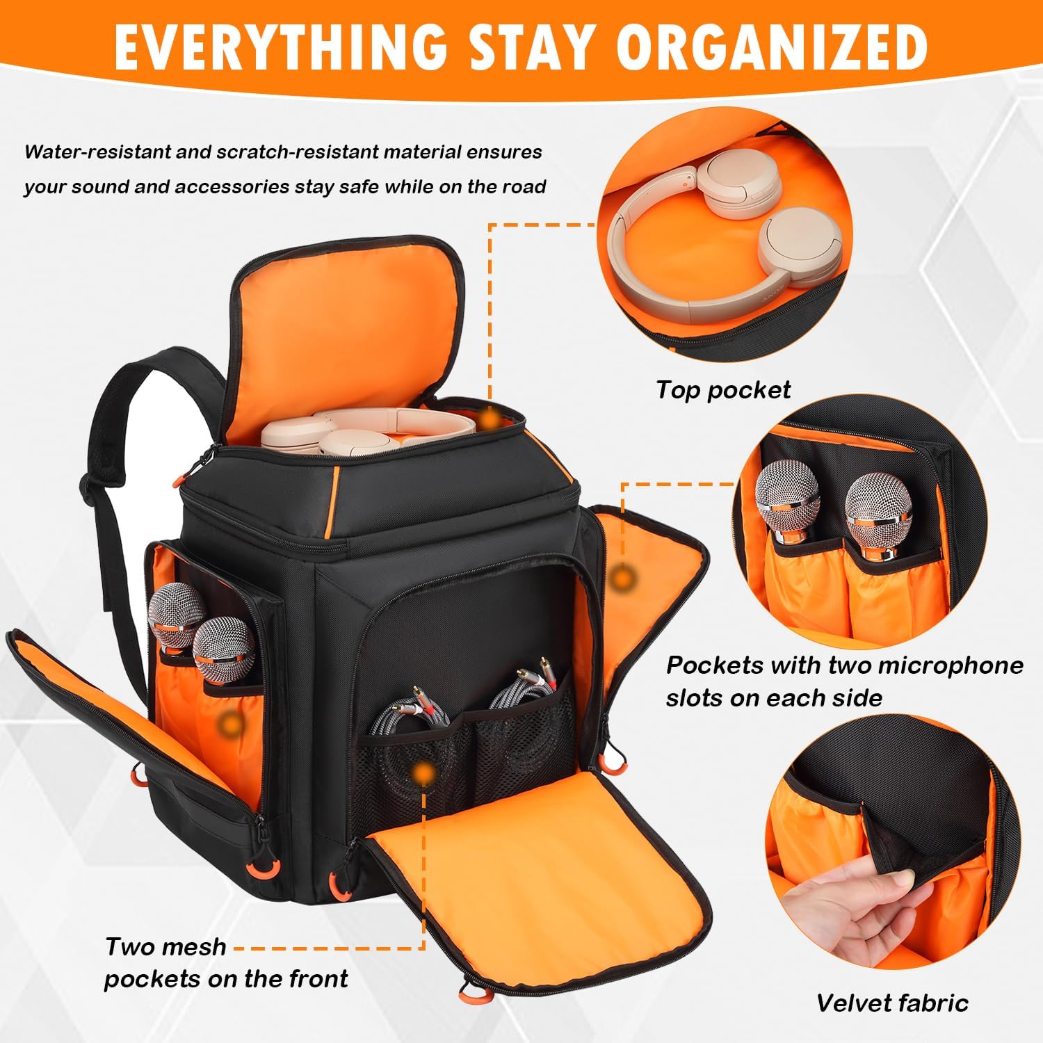 Carrying Case Travel Backpack Compatible with Bose S1 Pro/ S1 Pro+, Portable Bluetooth Speaker Bag with Shoulder Straps and Accessory Pockets for Microphone, Charger, Cable, Black+Orange - Image 3