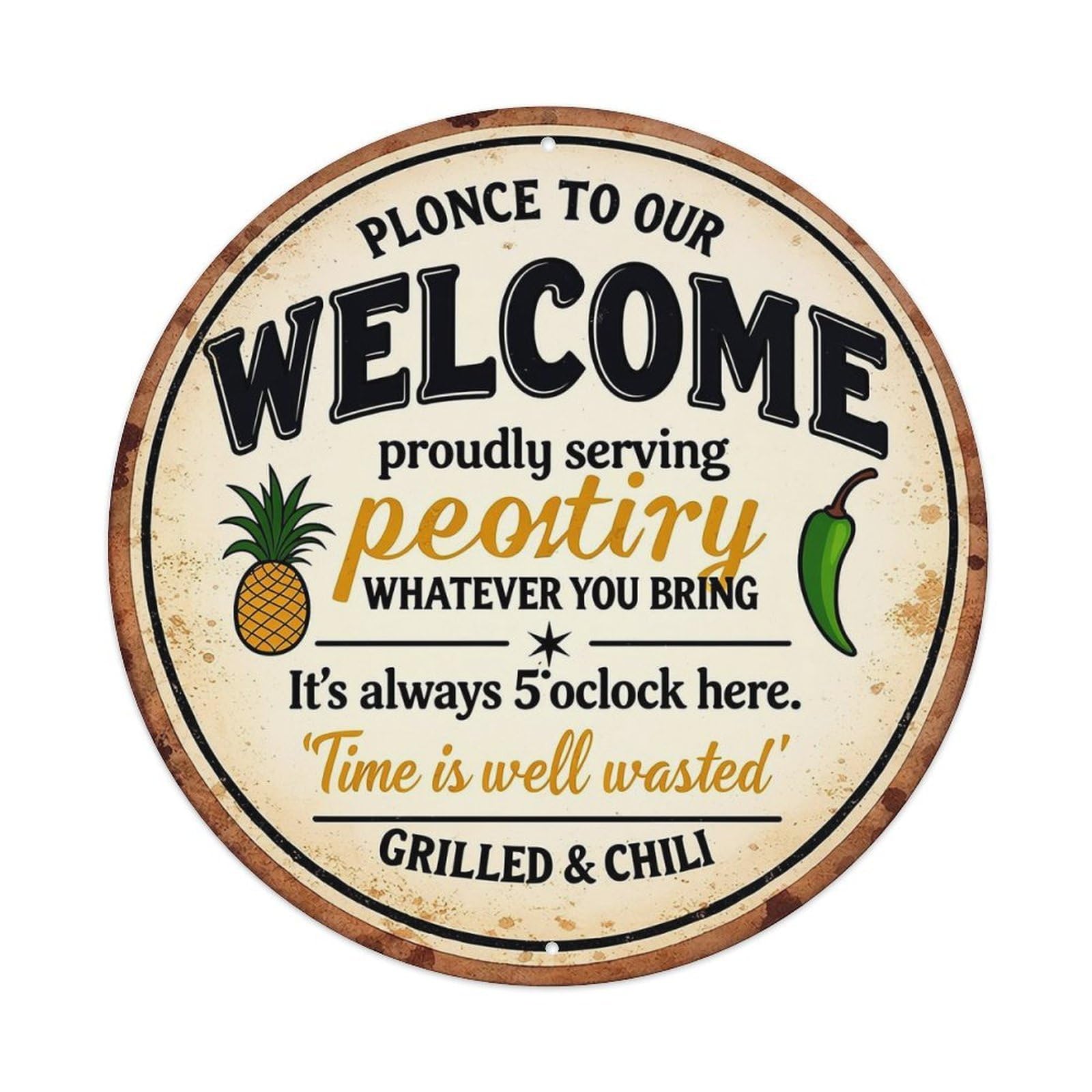 Jdyansheng Vintage Welcome Sign With Pineapple Chili Tin Sign Metal Poster Metal Signs For Home Man Cave Bar Cafe Kitchen Laundry Room Wall Decorations 8X8 Inches