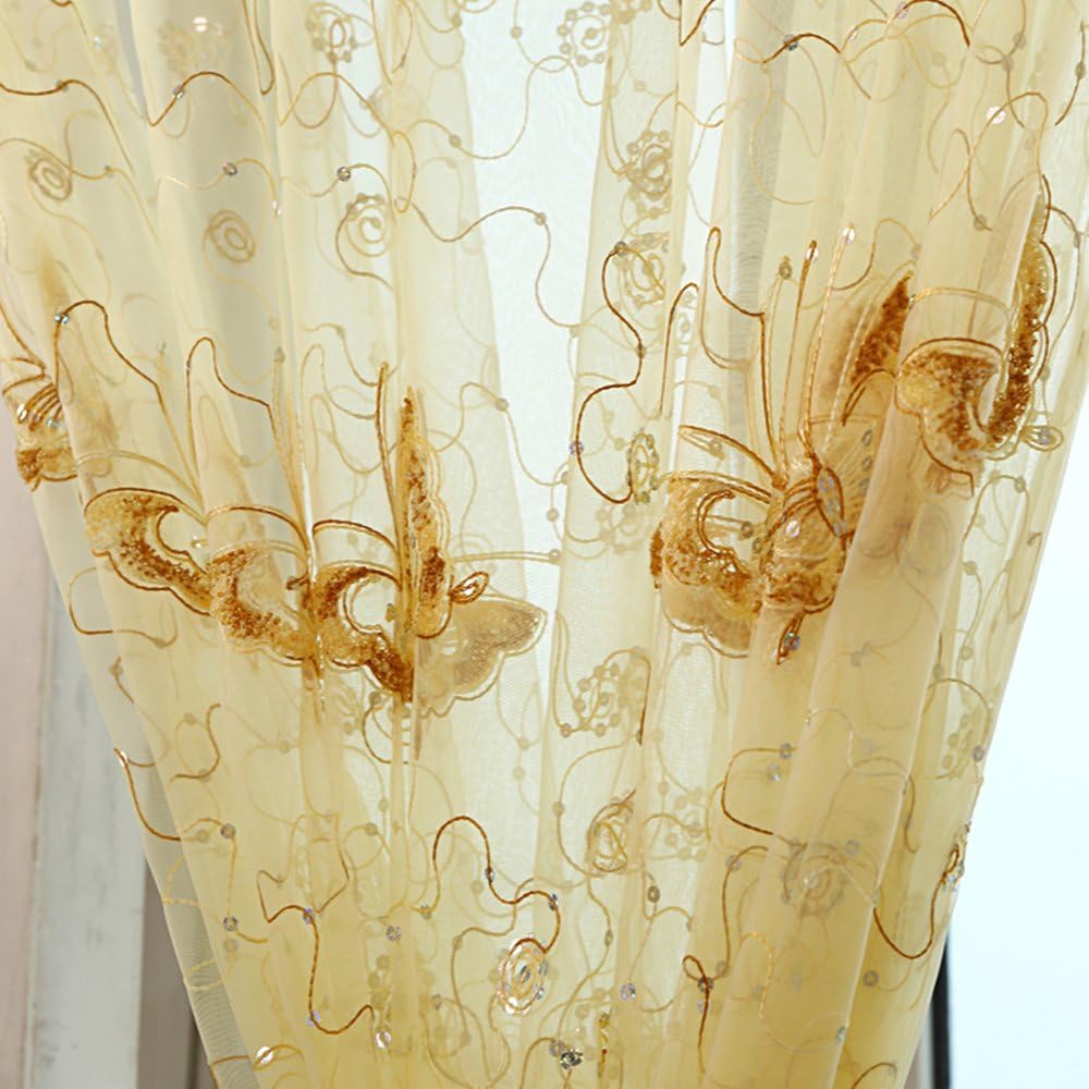 pureaqu Beautiful Embroidered Sequins Butterfly Sheer Curtains for Kids Nursery Girls Room Rod Pocket Top Voile Window Treatment Panels for French Door Living Room 1 Panel W39xH84