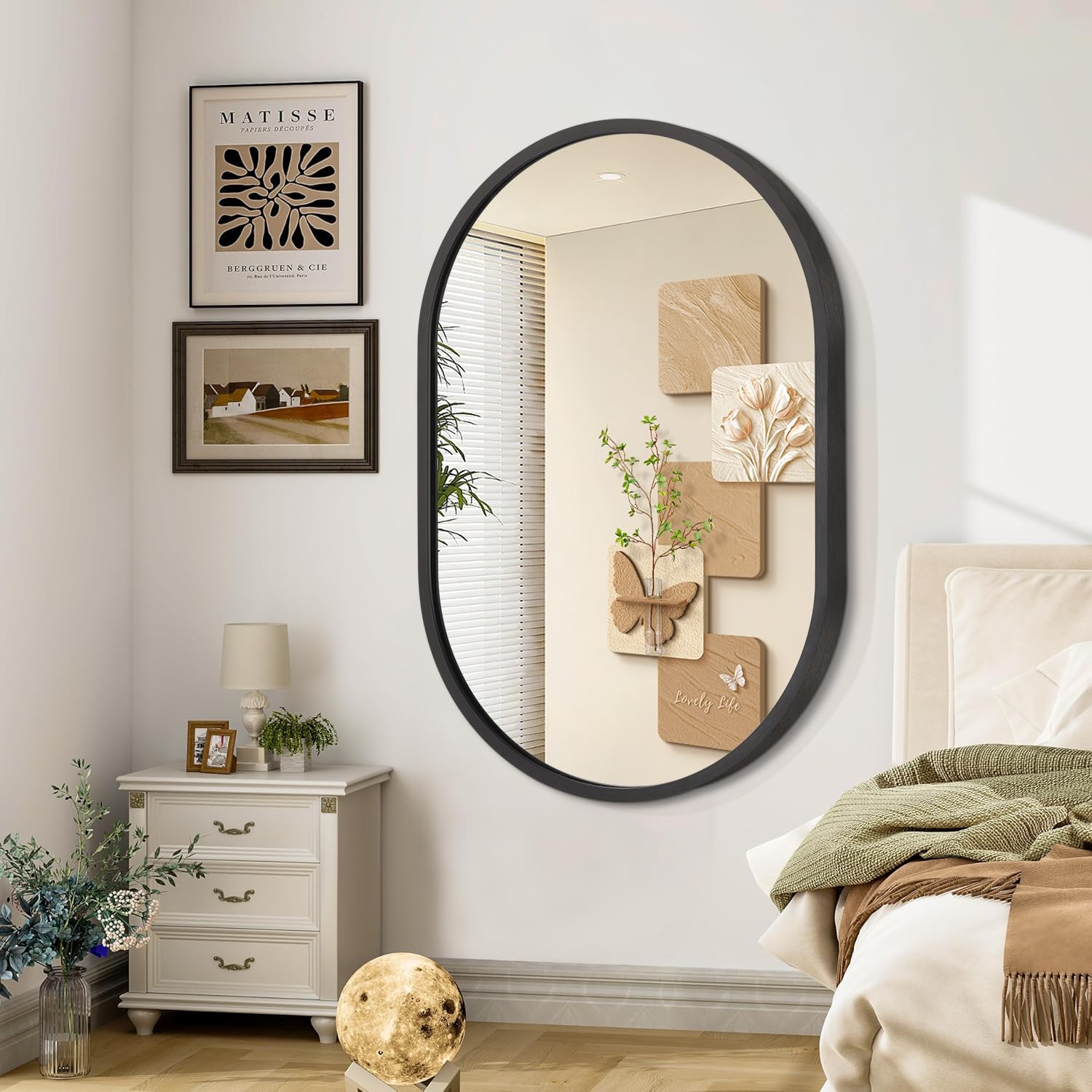 JJUUYOU Oval Mirror Black Metal Frame Bathroom Mirrors for Wall 7050 CM Large Aluminum Alloy Mirror Decorative for Bathroom Living Rooms Bedroom Entryway Hallway Horizontal or Vertical Hanging