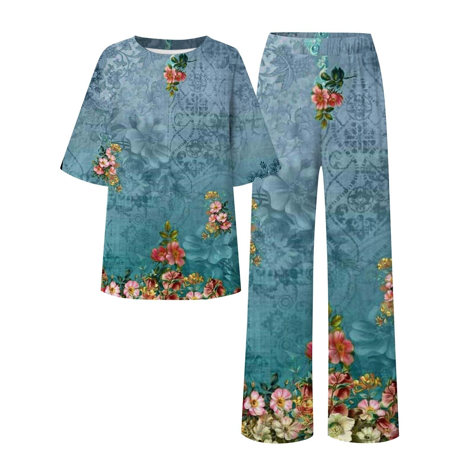 Damen Hosenanzug Elegant 2 Teilig Frauen Casual O Lose Kurzarm Blumendruck Top Shirt Mit Hose Große Größe Set Chiffon Festlich Overall Anzug Grün Dreiteiler Eleganter Zweiteiler Outfit