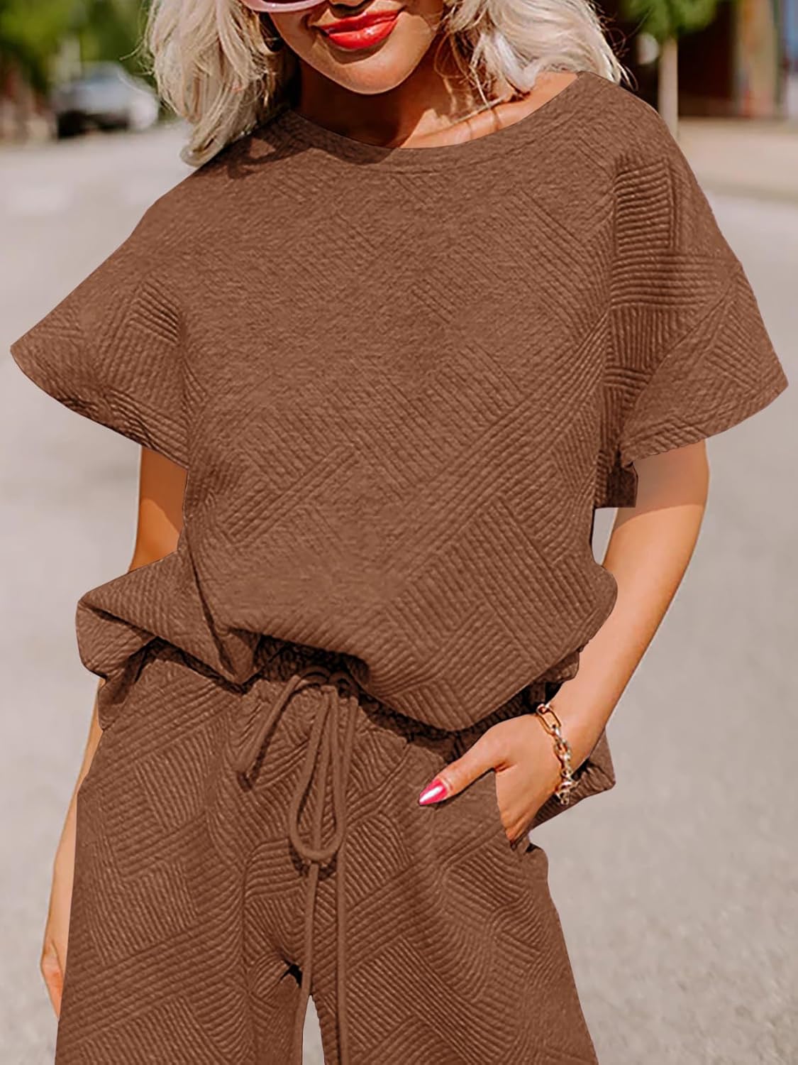 Fazortev Womens 2 Piece Outfits Sweatsuit Short Sleeve Tops and Drawstring Waist Cropped Wide Leg Pants Loungewear Sets - Image 3