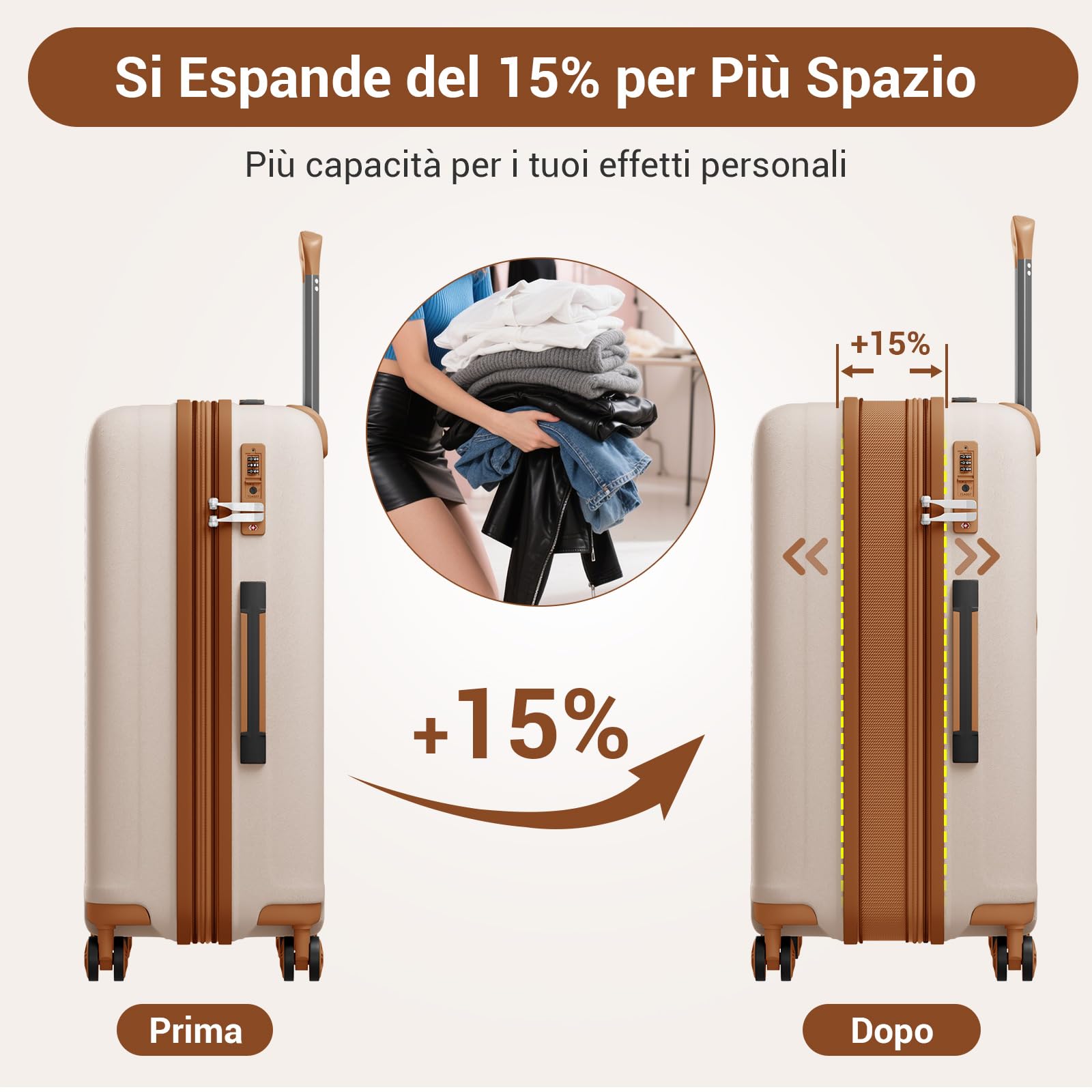 KONO Valigia Media in PP Rigida 65 cm - Trolley 20 kg Leggero Espandibile con Ruote 360° TPE, Portabicchieri Integrato e Serratura TSA (24", Beige/marrone)