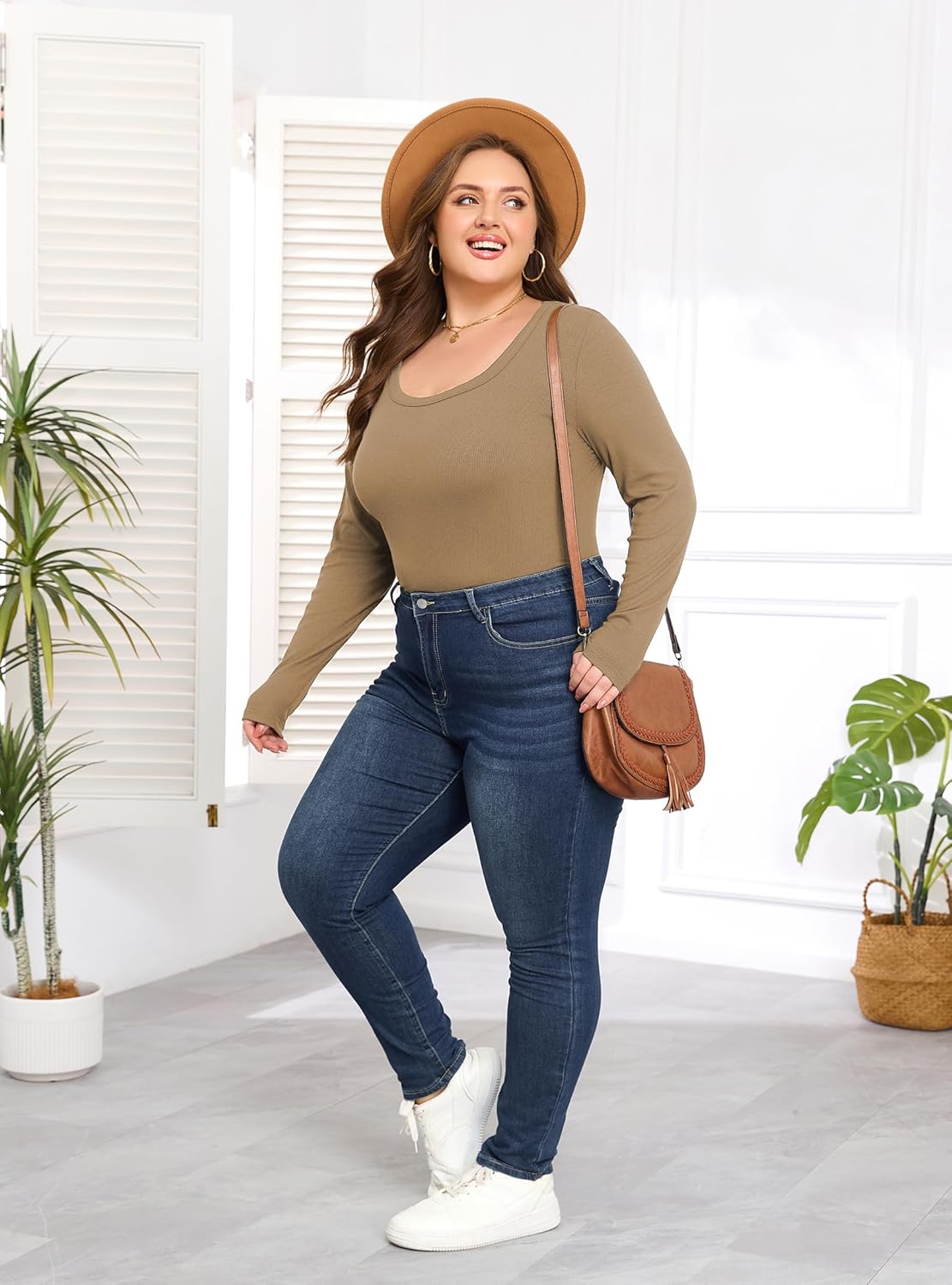 Women's Plus Size Long Sleeve Scoop Neck Ribbed Knit T Shirt Casual Fitted Tops - Image 5