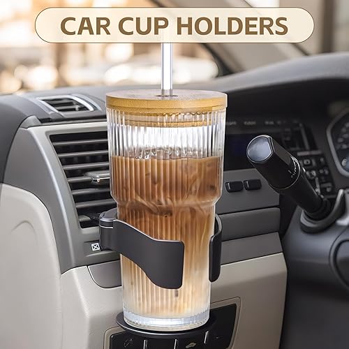 Miniatura 6 de Tazas de café de vidrio acanalado de 20 onzas con tapas y pajita, 4 tazas de vidrio con tapa, tazas de café helado vintage, cristalería para whisky,