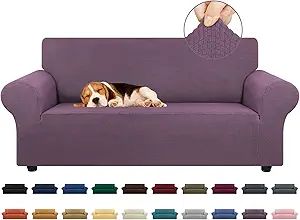 KEKUOU Stretch Loveseat Sofa Cover Slipcover,Couch Covers for 2 Cushion Couch Sofa (55"-78") Furniture Protector Sofa with Elastic Bottom for Kids,Dog. Jacquard Small Checked (Medium,Dark Purple)