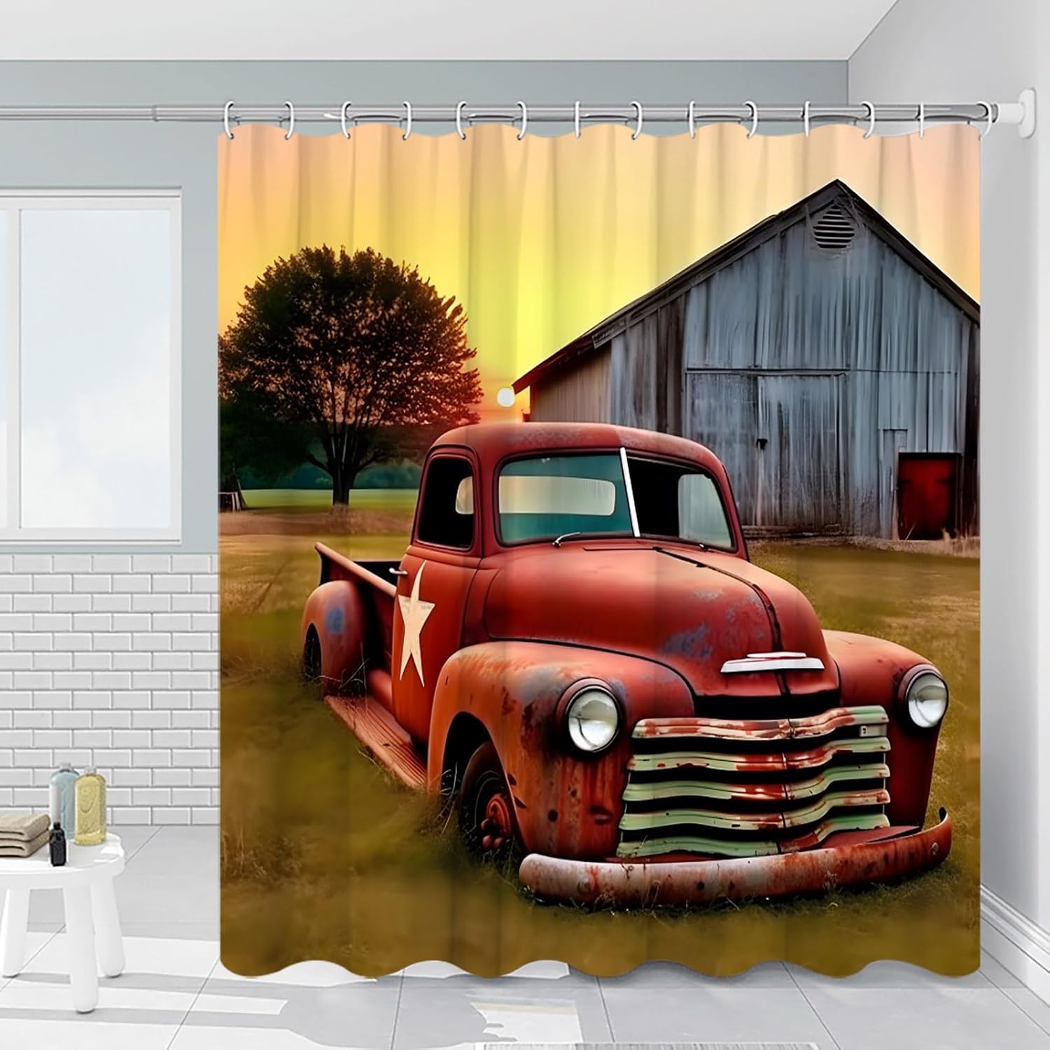 Vintage Truck Shower Curtain Rustic Log Cabin Barn Old Car Sunset Landscape Tree Farm Red Bathroom Decor Polyester Waterproof Machine Washable with Hooks