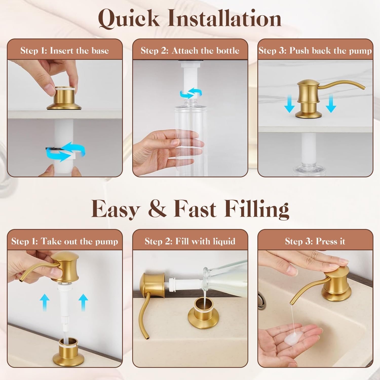 Built in Soap Dispenser for Kitchen Sink Countertop, Solid Brass Pump Head Long Spout with 10.2 Ounce PET Food Safe Material Lotion Bottle, Brushed Gold Finish - Image 8