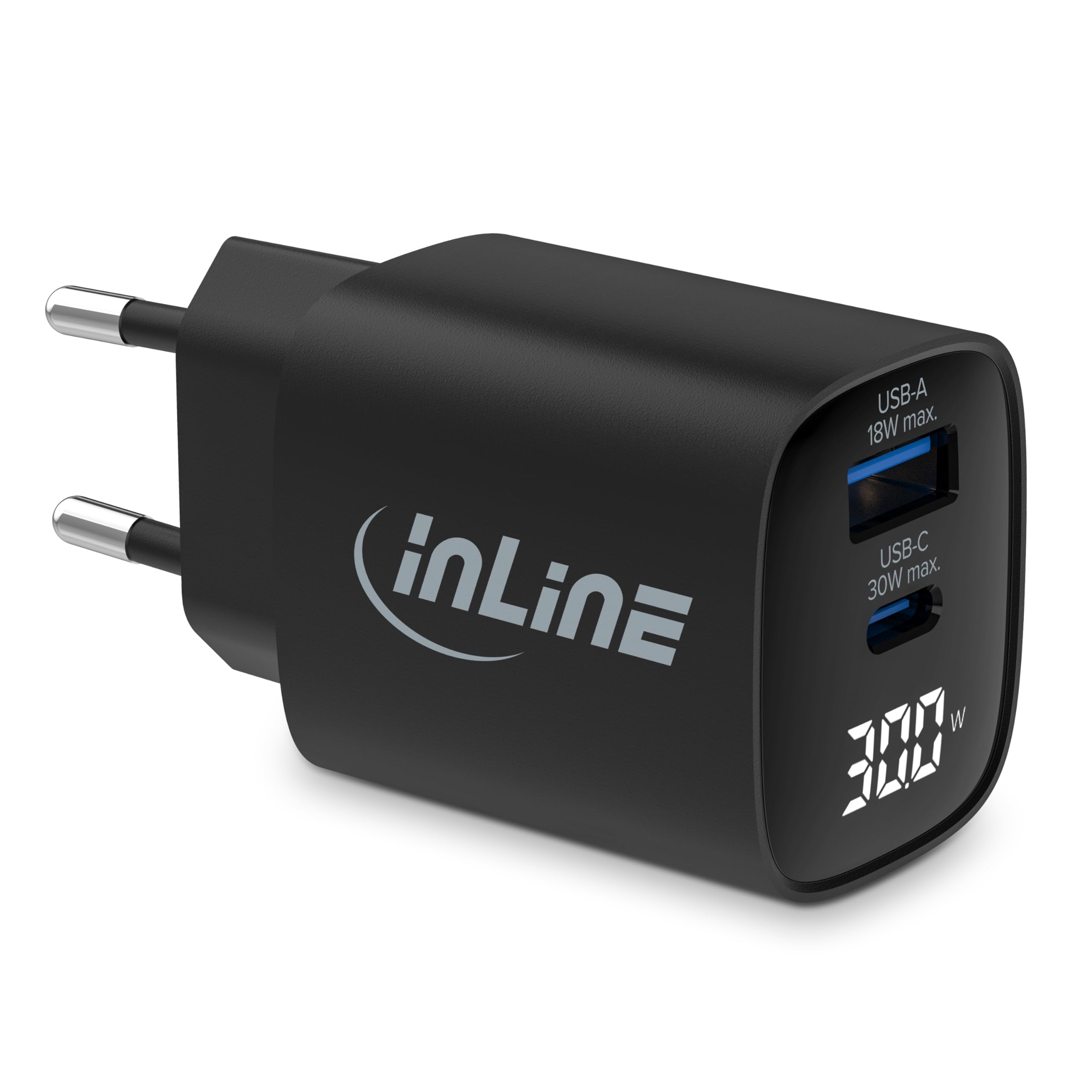 Inline USB-Ladegerät, 2-Port, digitales Display mit aktuellem Energieverbrauch, 1x USB-C + 1x USB-A, GaN, 30W, Schnellladegerät, PD3.0, QC3.0, Netzteil für iPhone/Pro/mini, Samsung und mehr, 31550